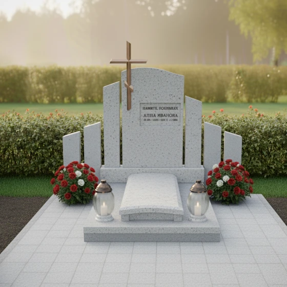 Мемориальный гранитный комплекс с деревянным крестом, гранит Мансуровский