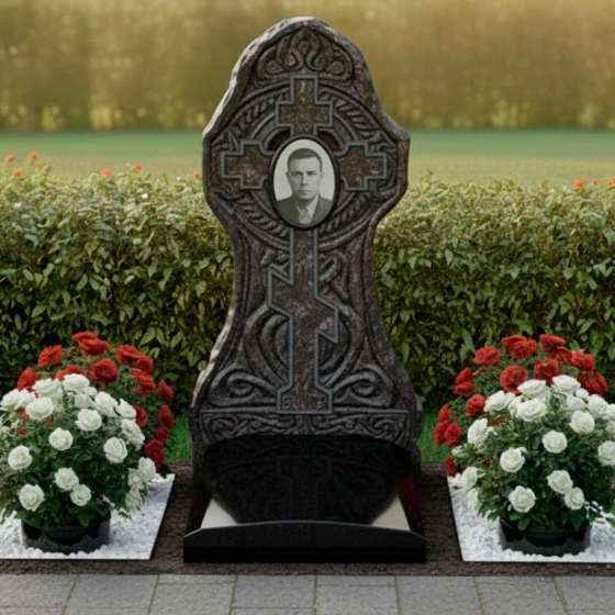 Гранитный памятник в виде кельтского креста с кругом, гранит амфиболит