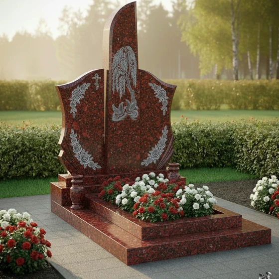 Мемориал с плакучей ивой и голубями, гранит Лезниковский