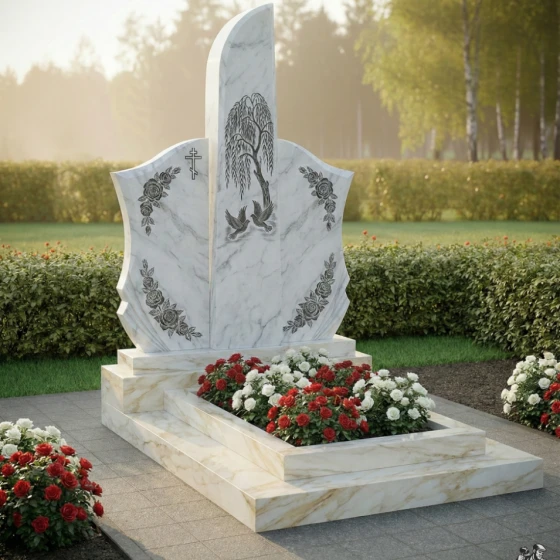 Мемориал с плакучей ивой и голубями, мрамор Тассос