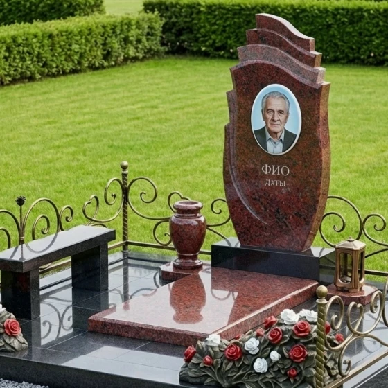 Гранитный мемориал с резными волнами и розами, гранит Лезниковский