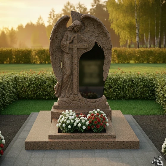 Мемориальная композиция с ангелом и крестом, гранит Дымовский