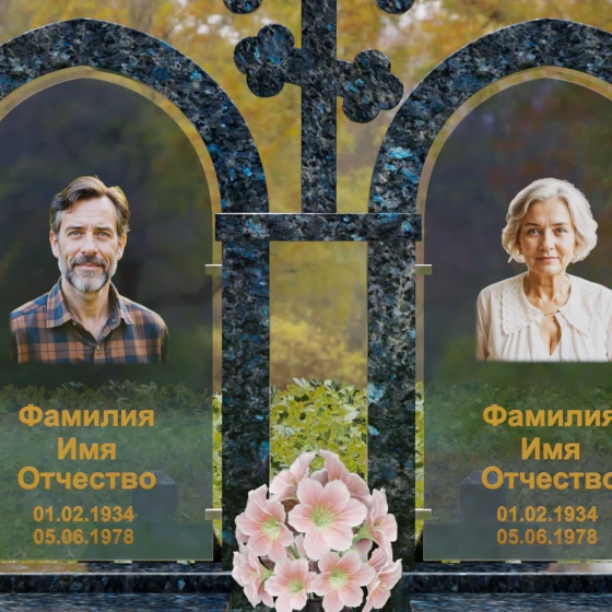 Комбинированный памятник с крестом и арками, гранит Блю Перл