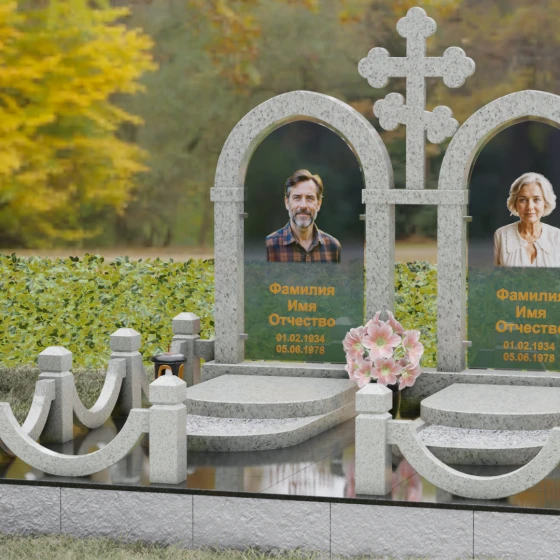 Комбинированный памятник с крестом и арками, гранит Мансуровский, вид 4