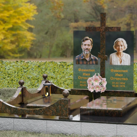 Горизонтальный памятник с восьмиконечным крестом, гранит Дымовский, вид 4