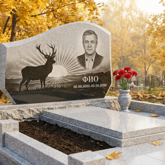 Гранитный памятник охотнику в форме арки со сценой охоты