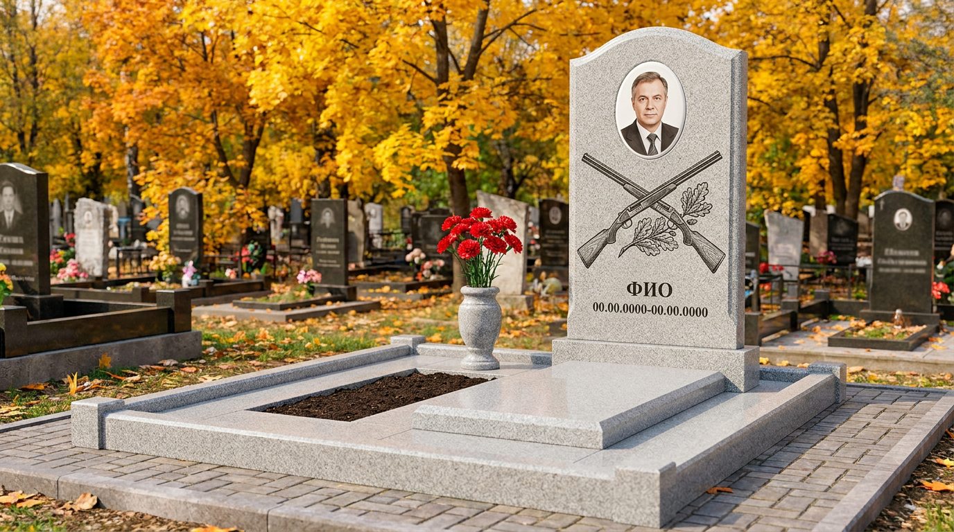 Пример дизайна: Гранитный памятник охотнику арочной формы со сценой охоты