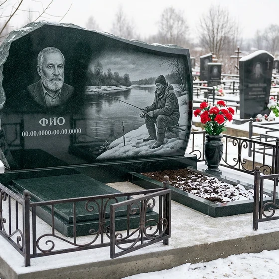 Гранитный памятник рыбаку в виде скалы с речным сюжетом