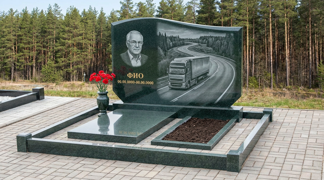 Пример дизайна: Гранитный памятник дальнобойщику в форме скалы с грузовиком на шоссе