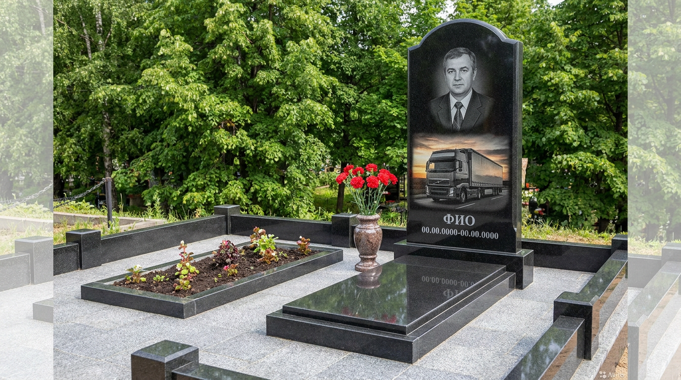 Пример дизайна: Гранитный памятник дальнобойщику с аркой с фурой