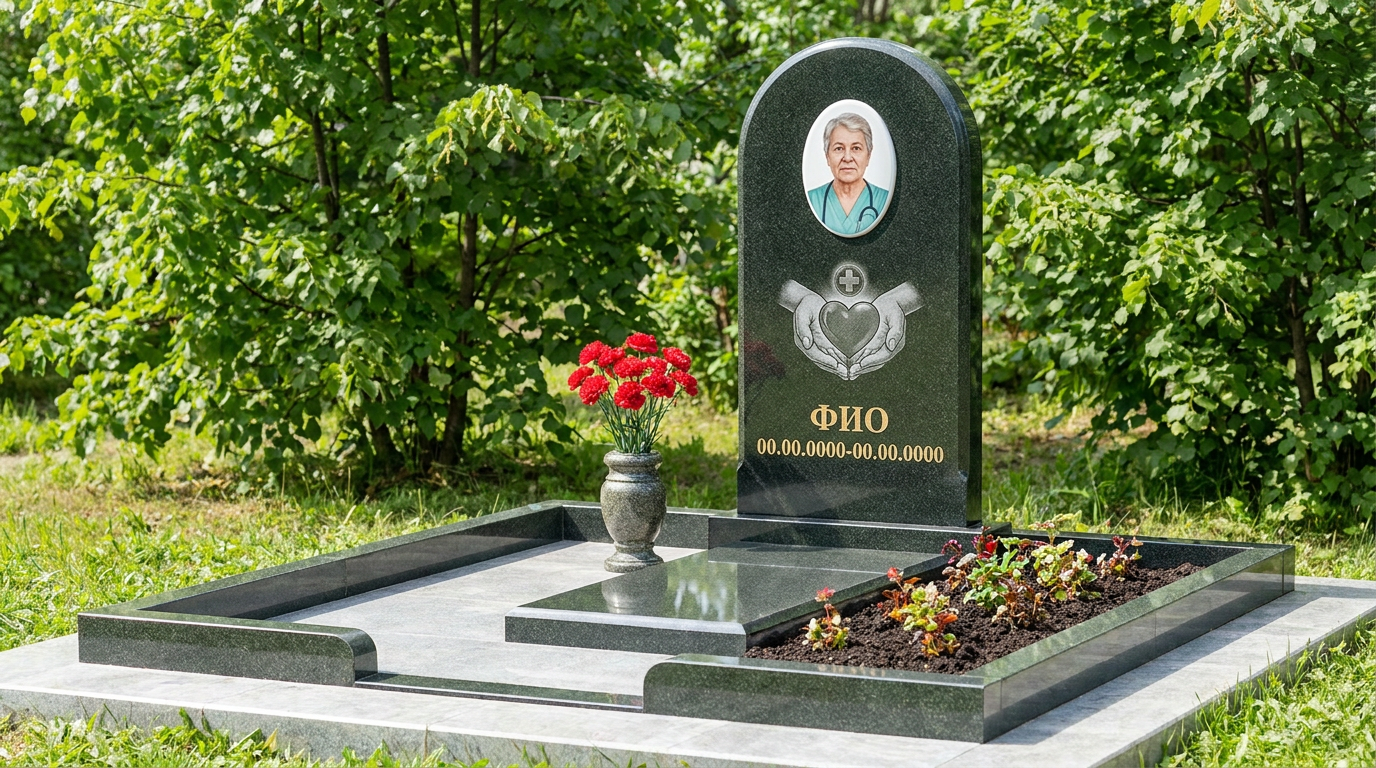 Пример дизайна: Гранитный памятник врачу арочной формы с эмблемой врача