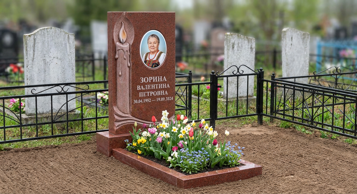 Пример дизайна: Мемориал с горящей свечой из красного гранита