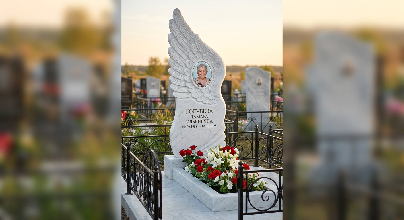 Пример дизайна: Памятник с крылом ангела из белого мрамора с портретом