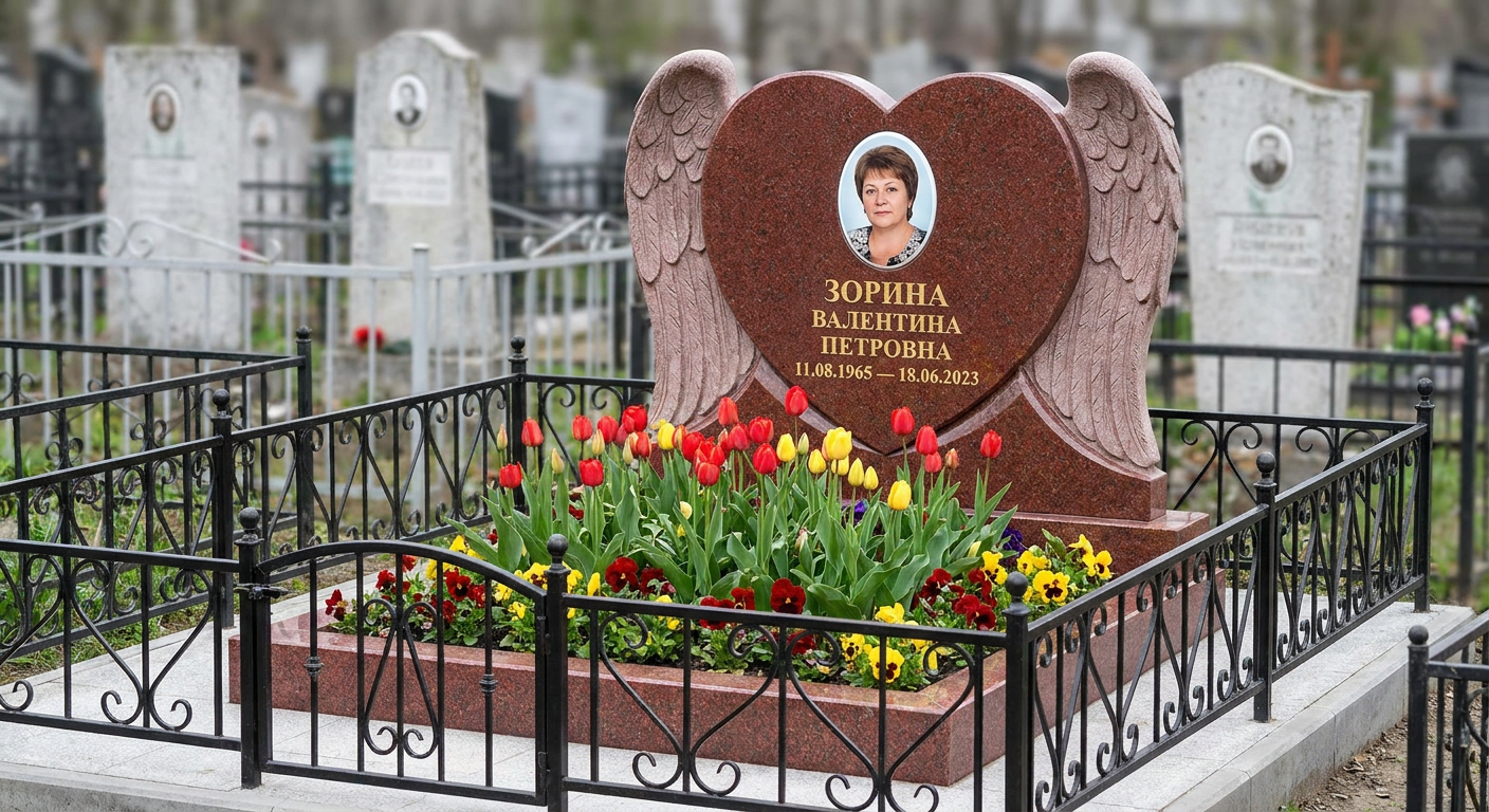 Пример дизайна: Памятник с сердцем в крыльях из лезниковского гранита