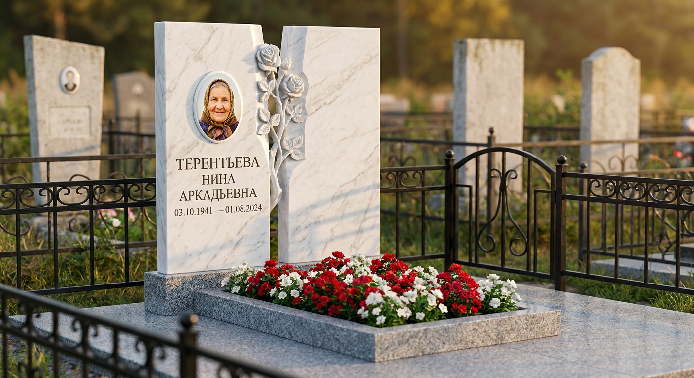 Пример дизайна: Памятник с розой из белого мрамора с двойной стелой