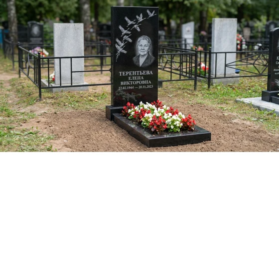 Стела с клином журавлей из черного габбро-диабаза с портретом