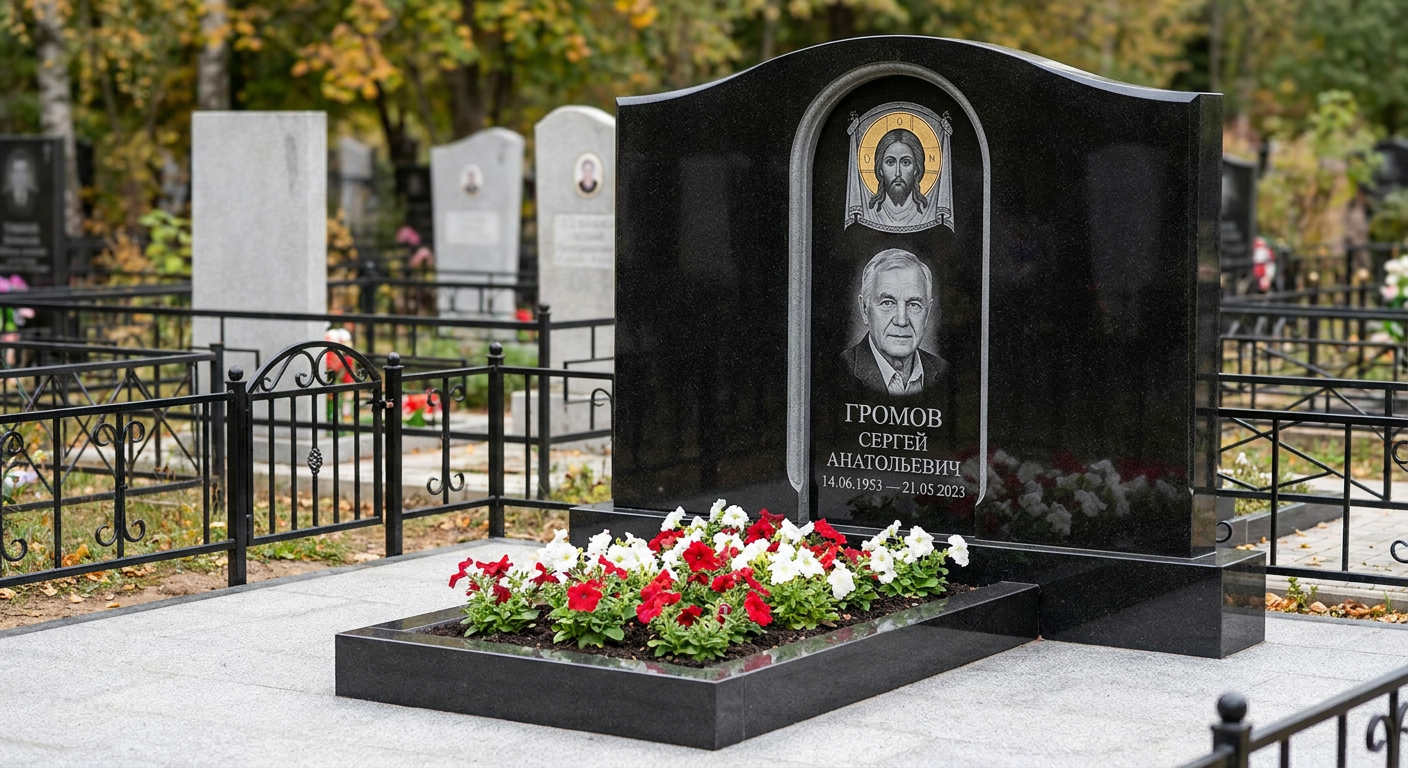 Пример дизайна: Гранитный памятник на двоих с двумя сердцами — фото и цена
