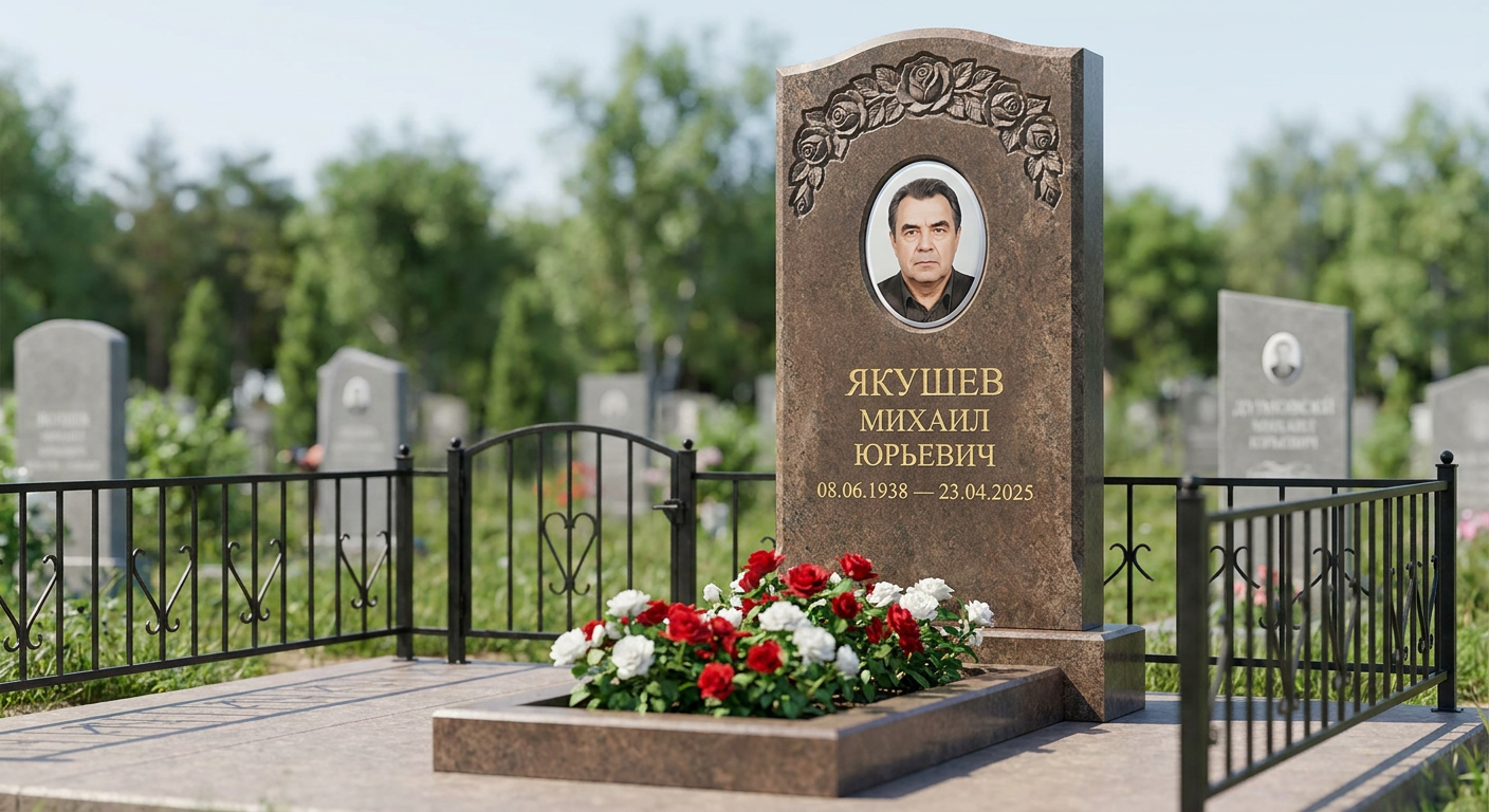 Пример дизайна: Гранитный памятник из красного гранита фигурная стела с цветником — фото и цена