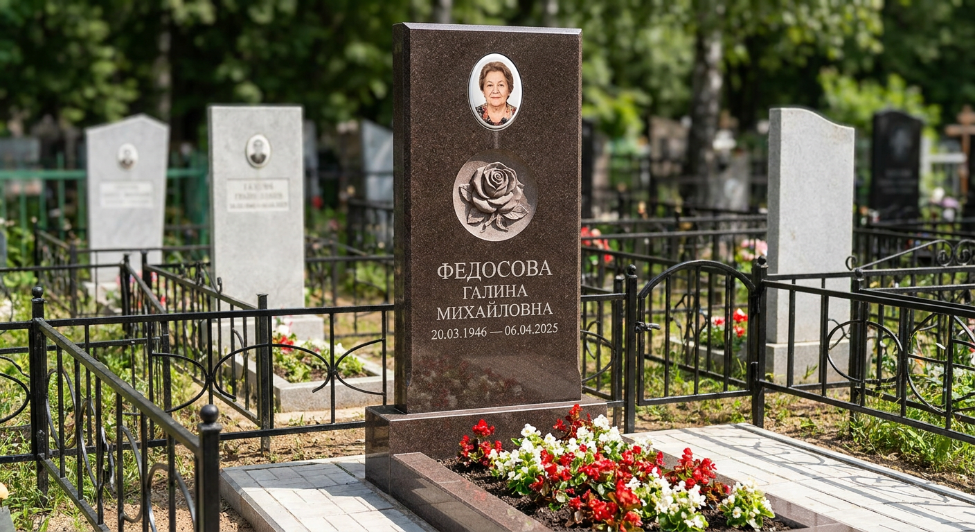 Пример дизайна: Мемориал с розой в медальоне из дымовского гранита