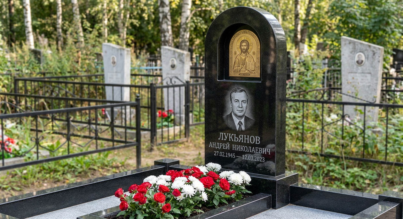 Пример дизайна: Памятник с иконой христа из черного габбро-диабаза с позолоченным нимбом