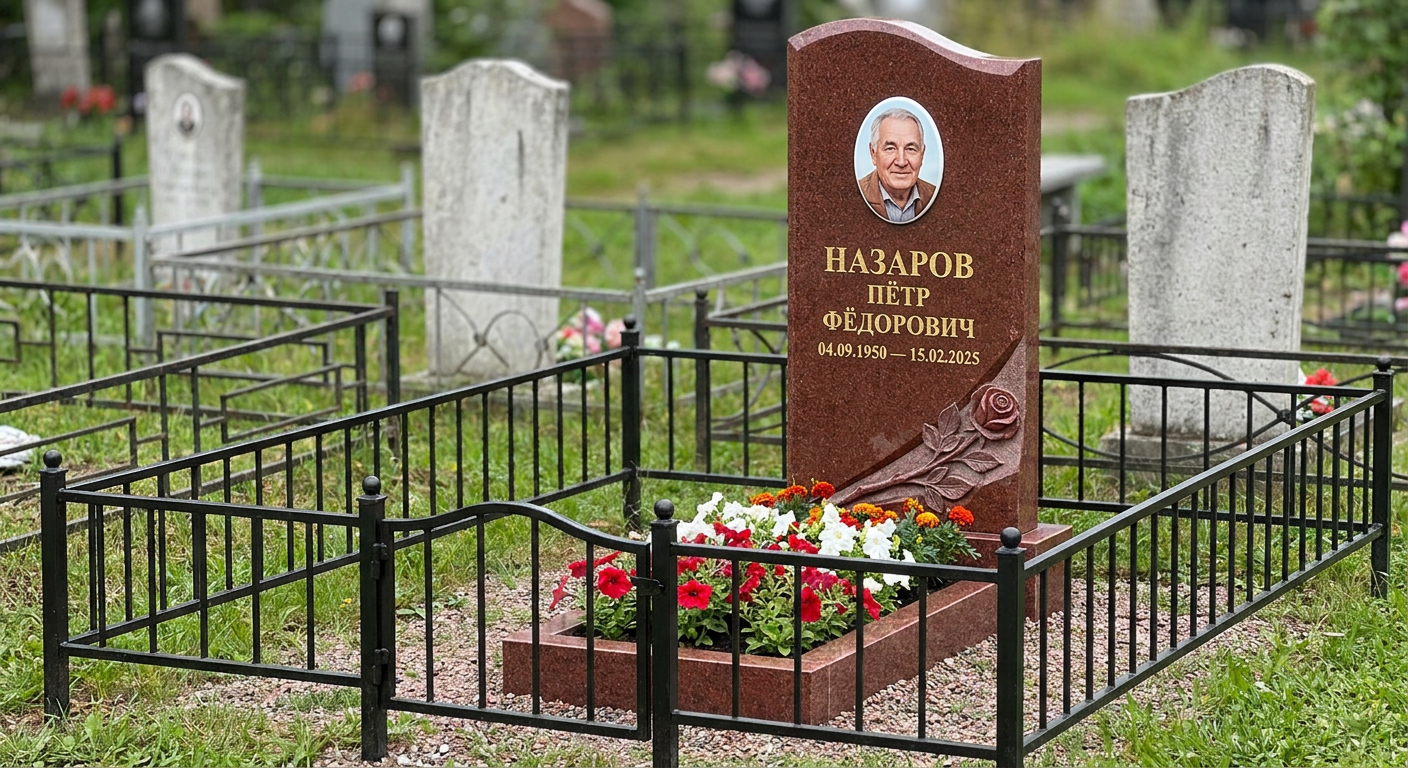 Пример дизайна: памятник с розой и портретом из красного лезниковского гранита