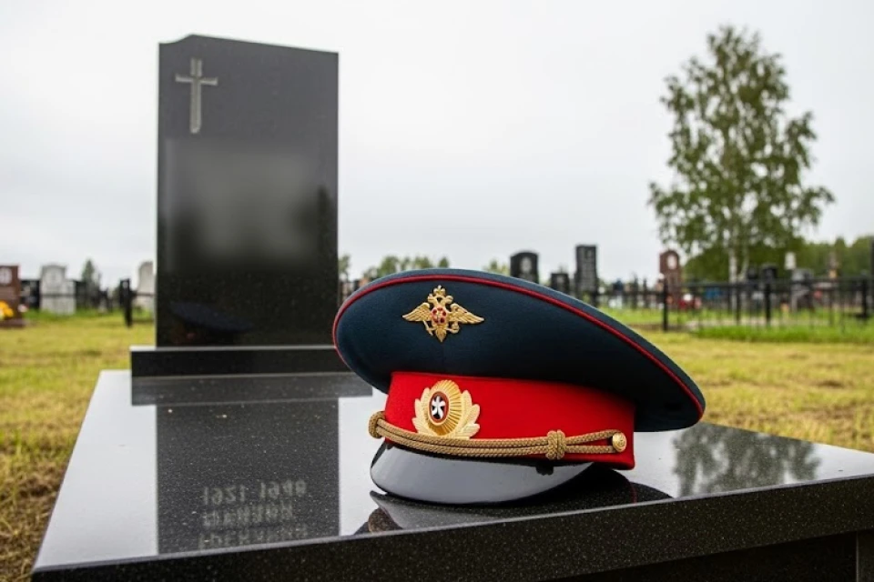 Памятник военнослужащему из чёрного гранита с воинской символикой