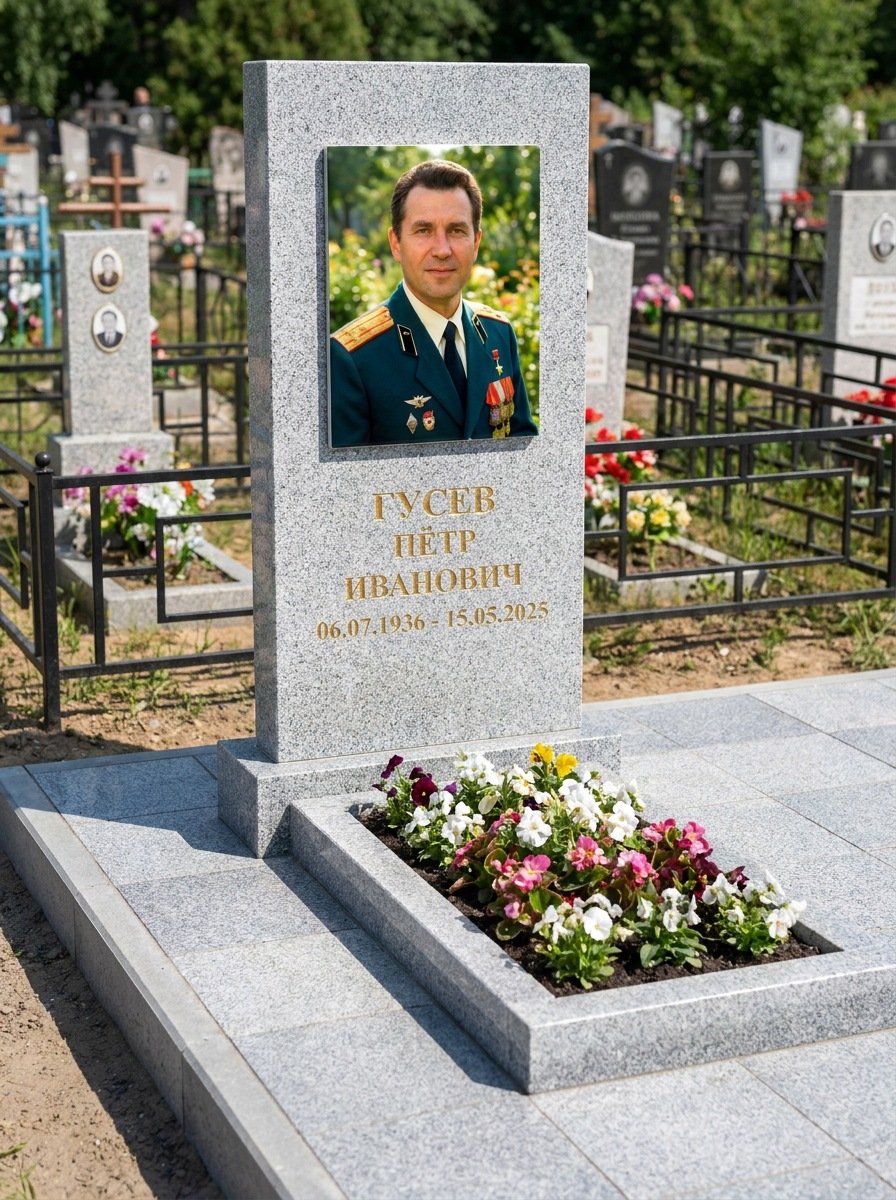 Портрет на памятнике в Уфе — Прямоугольник на гранитной стеле, ФИО и даты на портрете